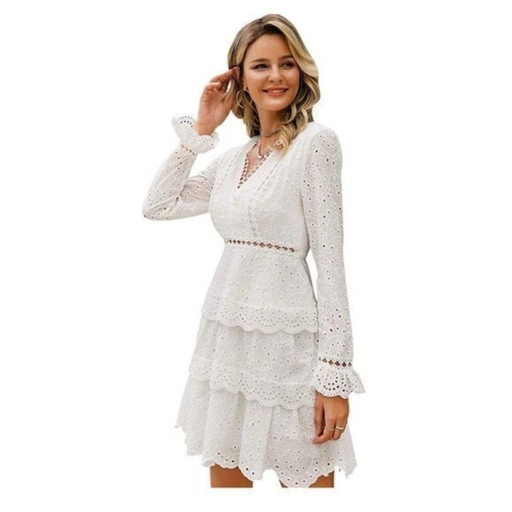 Lace ruffle eyelet white dress long sleeves v-neck
